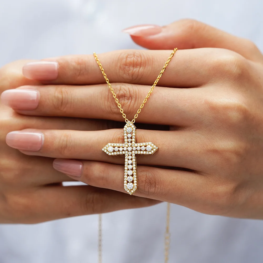 Lumira Fashion 18K Gold Fully Paved Moissanite Cross Necklace for Women, Luxury Clavicle Chain Banquet Jewelry