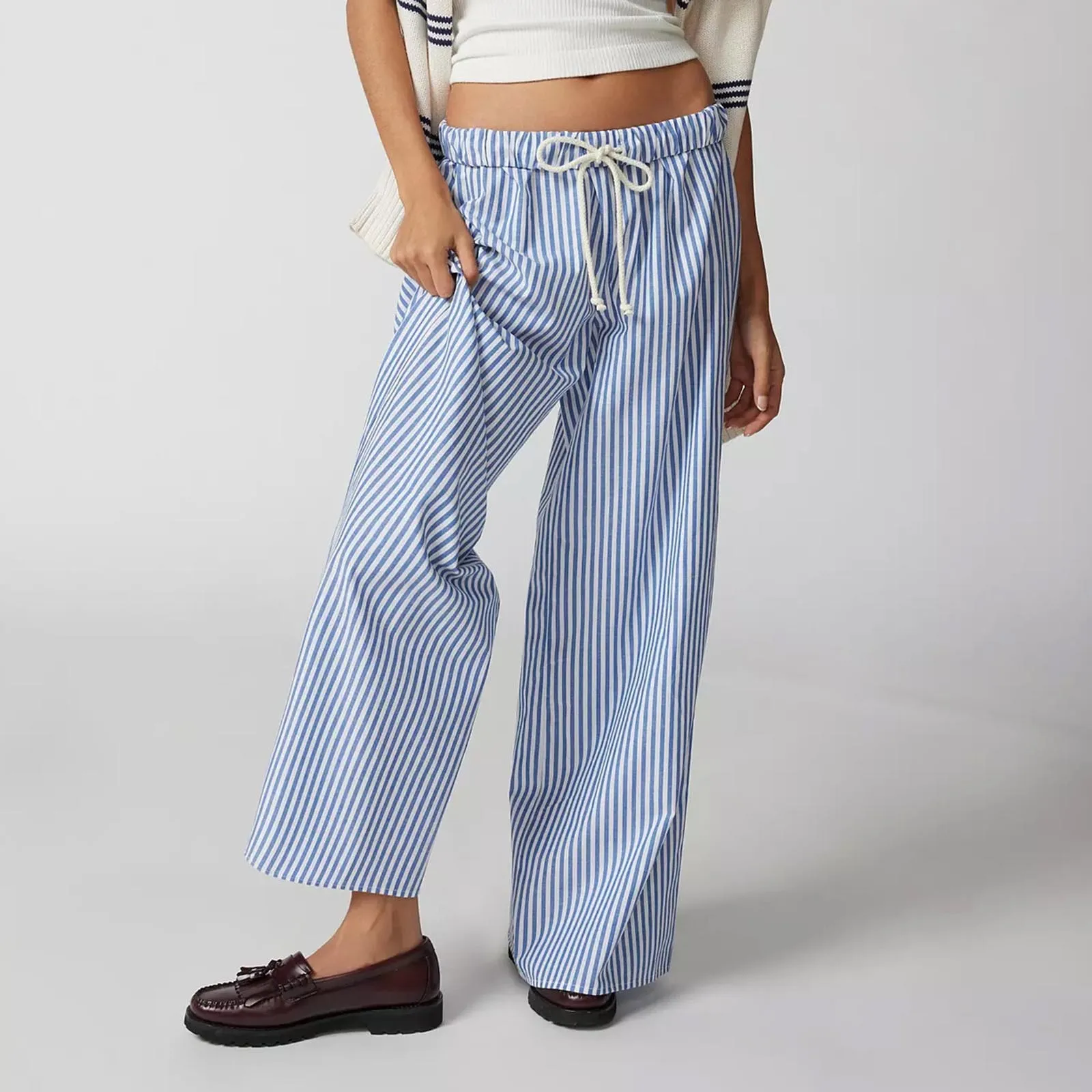 Y2K Striped Wide Leg Lounge Pants Women Pinstripe Loose Fit High Waist Pajama Bottoms Pants Streetwear Female Loungerwear