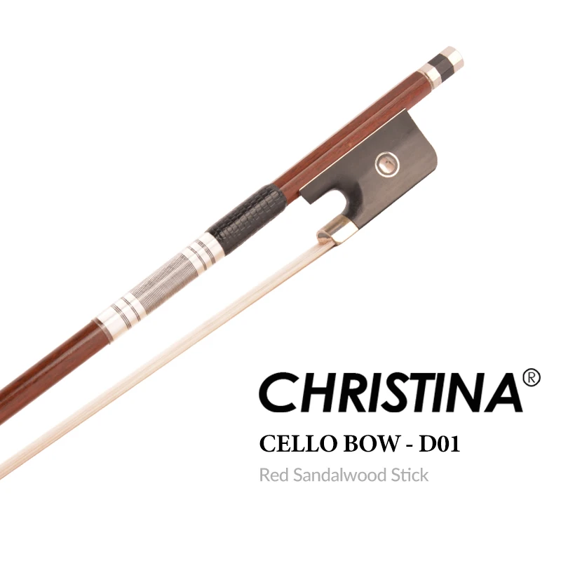 

CHRISTINA Cello Bow D01 Red Sandalwood Round Stick 4/4-1/4 Size for Beginner Intermediate Ebony Frog Metal Mounted Winding