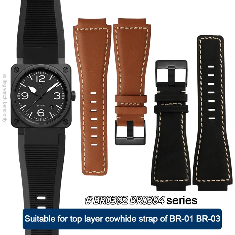 Genuine leather watchband cowhide For Bell Ross B&R BR-01 BR-03 Men 35-24mm convex silicone rubber waterproof watch strap Tool