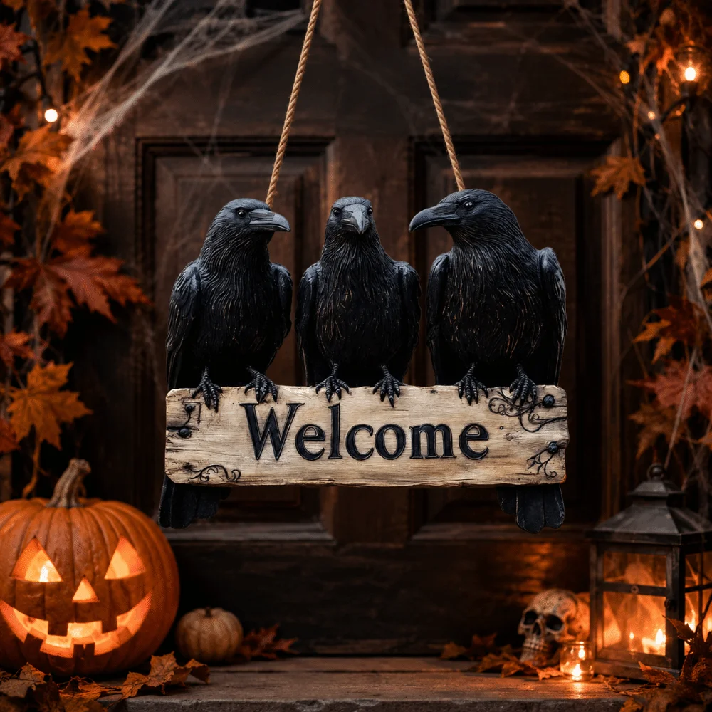 Black Crow Pattern Wooden Door Sign Wooden Material Gothic Style Wall Hanging Ornament Hanging Tag Design Halloween Door Hanger