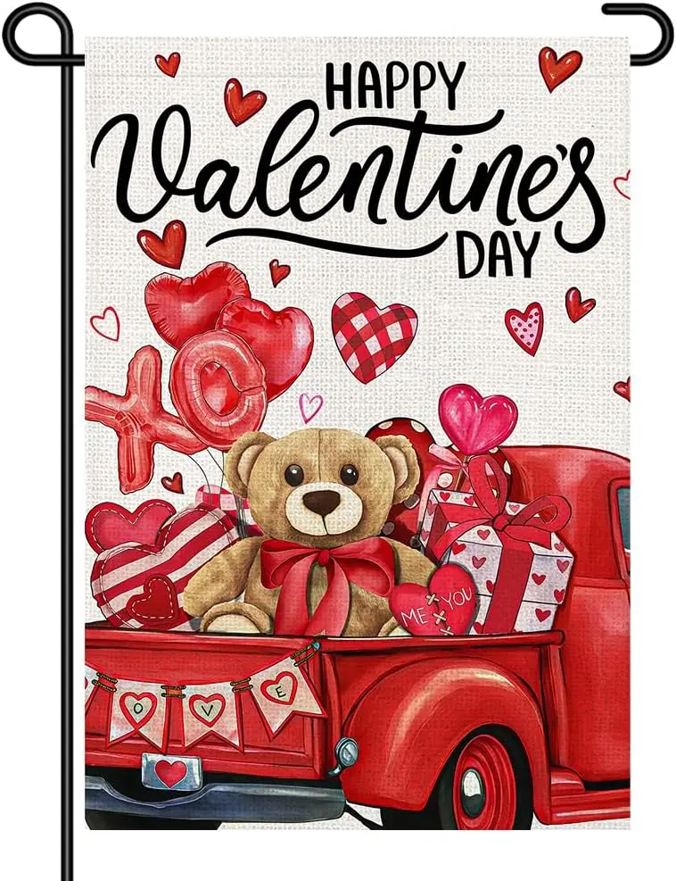 Valentine’s Day Garden Flag 12x18 Inch Double Sided, Cute Red Truck with Teddy Bear and Hearts, Small Yard Sign for Outdoor  AAS