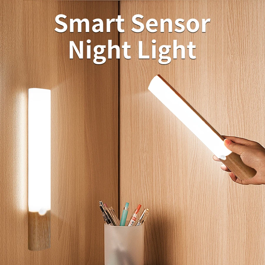 Wood LED Night Light Motion Sensor Magnetic Wall Lamp 3 Colors Dimming Bedside Lighting for Kitchen Bedroom Closet Light