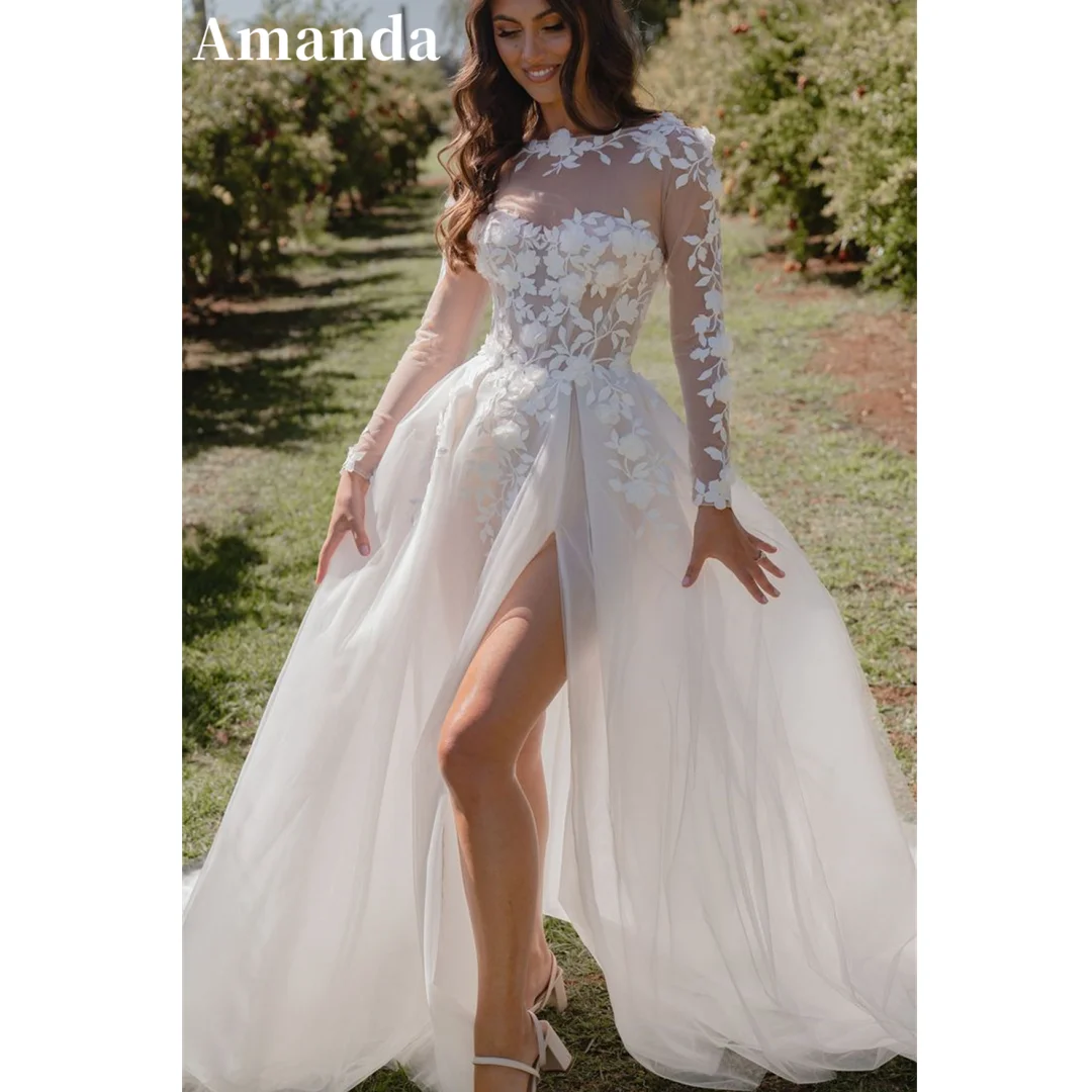 Amanda Biała suknia ślubna z długim rękawem A-line Vestidos De Novia Sweet O-neck Flower Lace Suknia ślubna Sexy Side Split Tulle Robe De Mariée