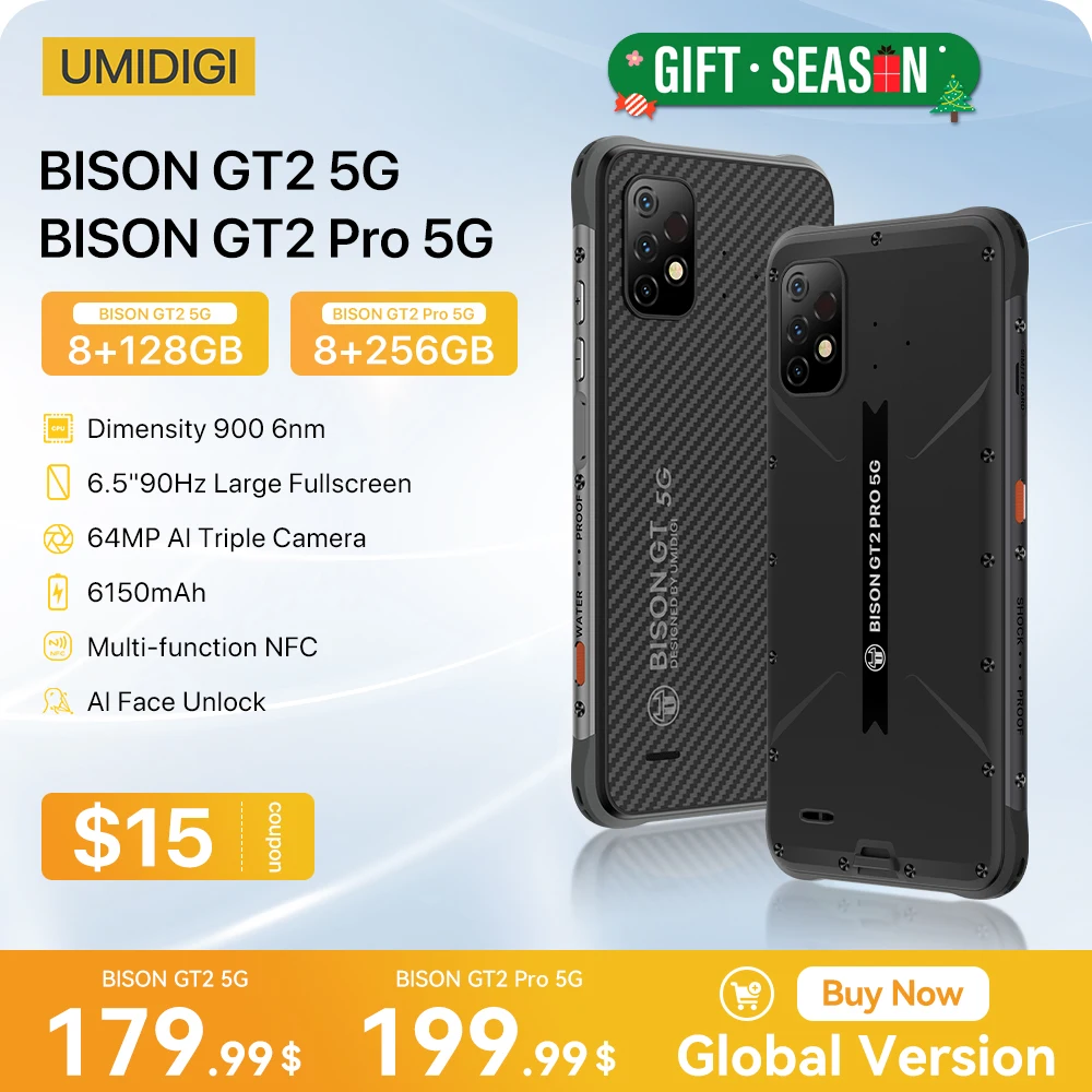 UMIDIGI BISON GT2 5G 안드로이드 12 견고한 스마트폰, 치수 900 6.5 인치 FHD + 64MP 카메라, 6150mAh 배터리, 90HZ NFC 스마트폰, IP68