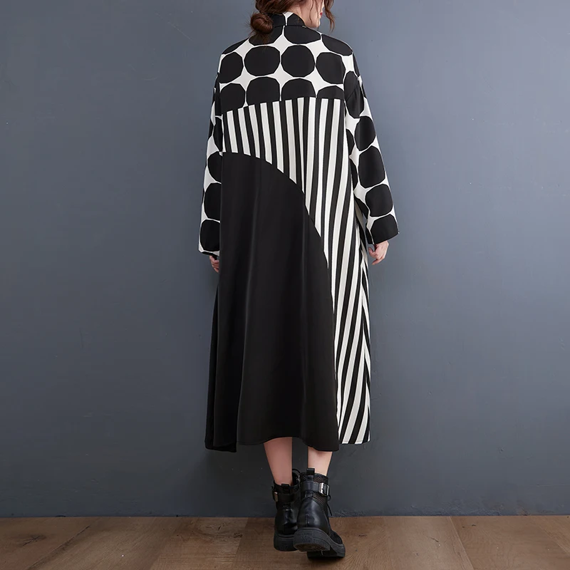 봄철 패션 큰 사이즈 물방울 무늬 원피스 여성 무릎 길이 라운드 도트 프린트 캐주얼 오피스웨어 롱 슬리브 원피스
