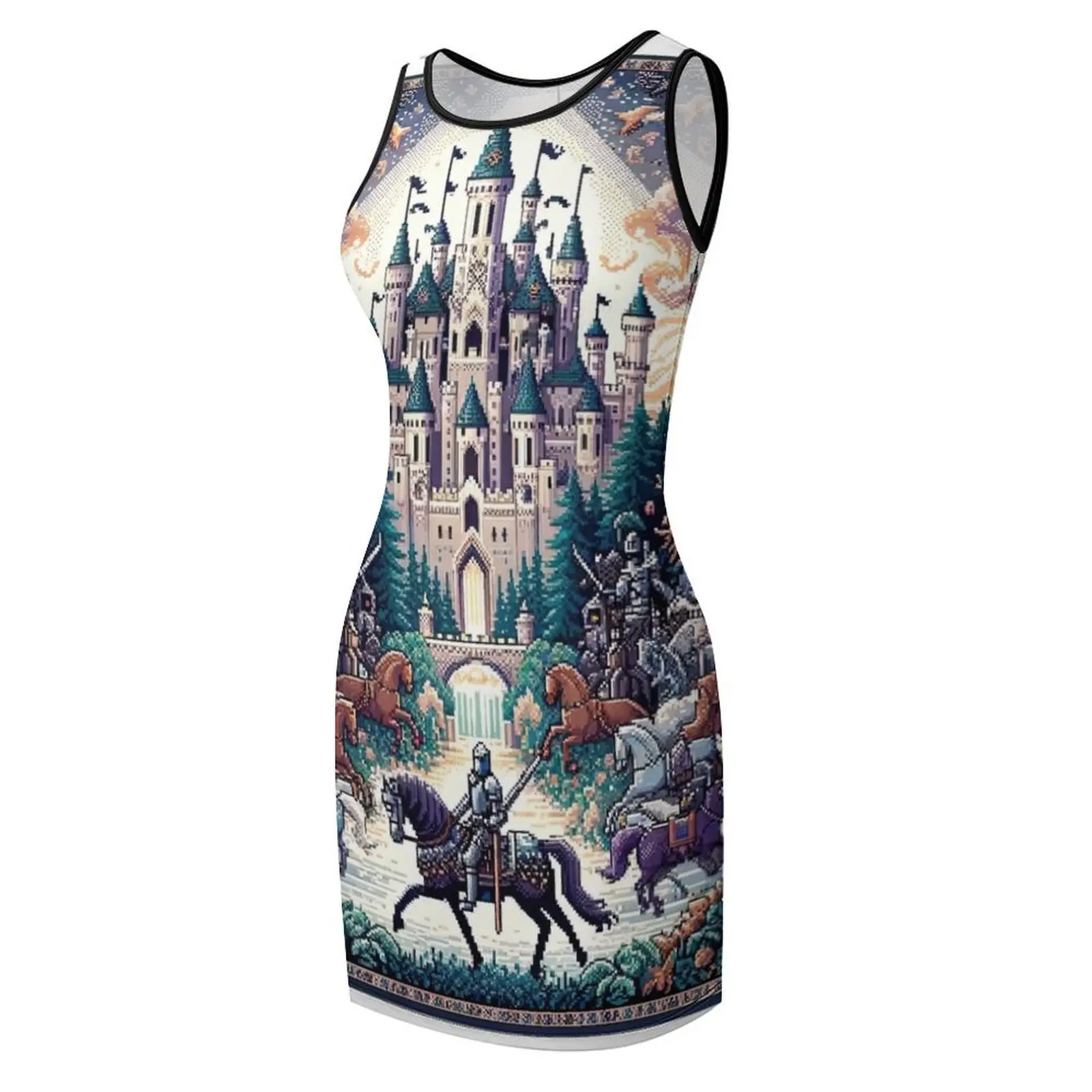 تصميمات وعناصر مملكة الفارس بنمط سلس يذكرنا المخلوقات الأسطورية أو مشاهد العصور الوسطى فستان صيفي بدون أكمام