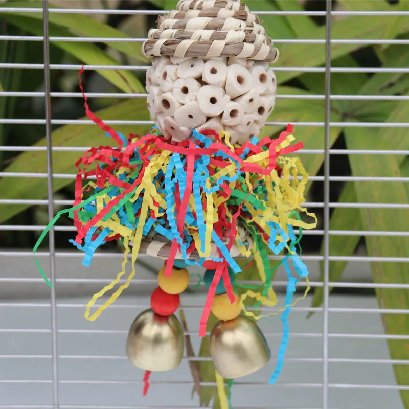 Bird toys, straw hats, colored shredded paper bells, chewy skewers, puzzle solving, cute doll shaped parrot toys