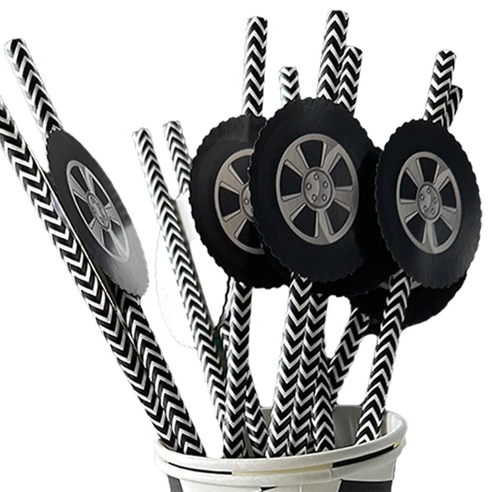 

20Pcs Racing Car wheel Checkered Flag Paper Straws Straws Black and White New Year Race Birthday Party Decorations Supplies