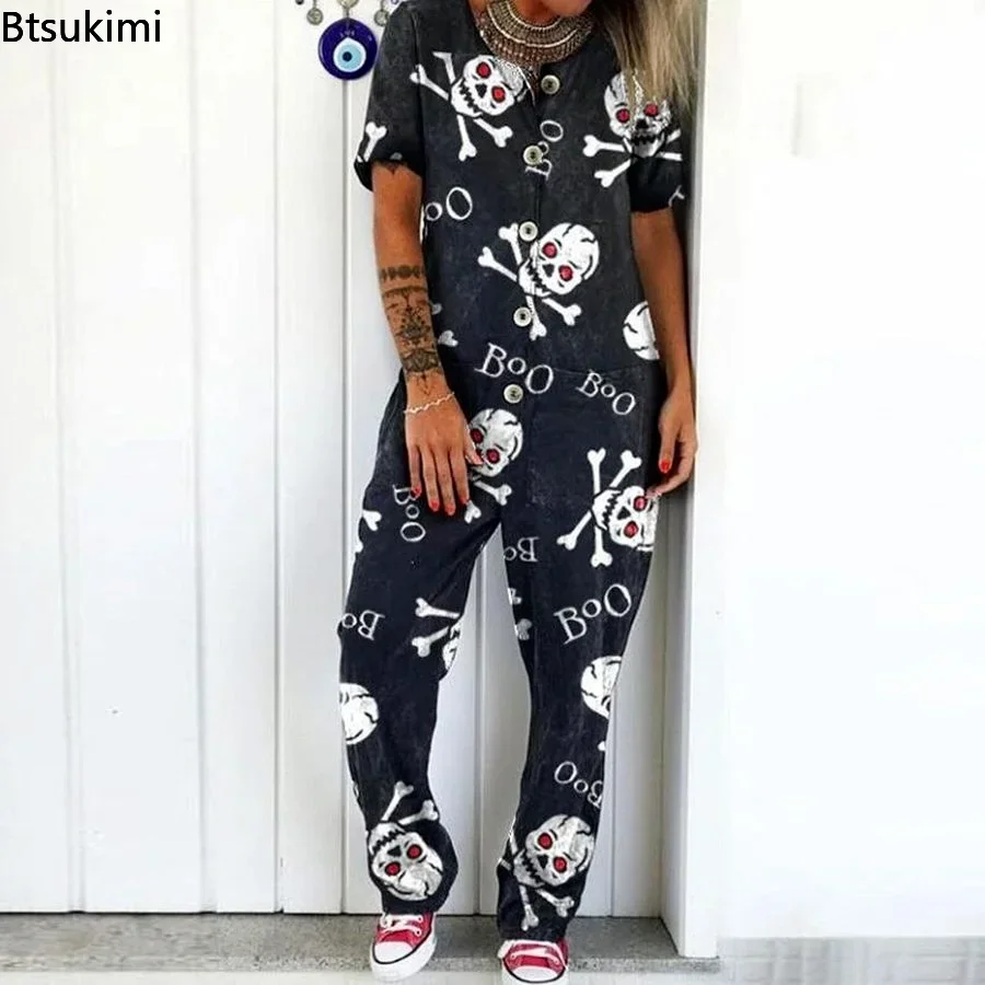 2023 Spring Summer Plus Size 5XL Romper Playsuit Women Elegant Cartoon Skull Print Jumpsuit Casual Loose Overalls Bodysuit Woman