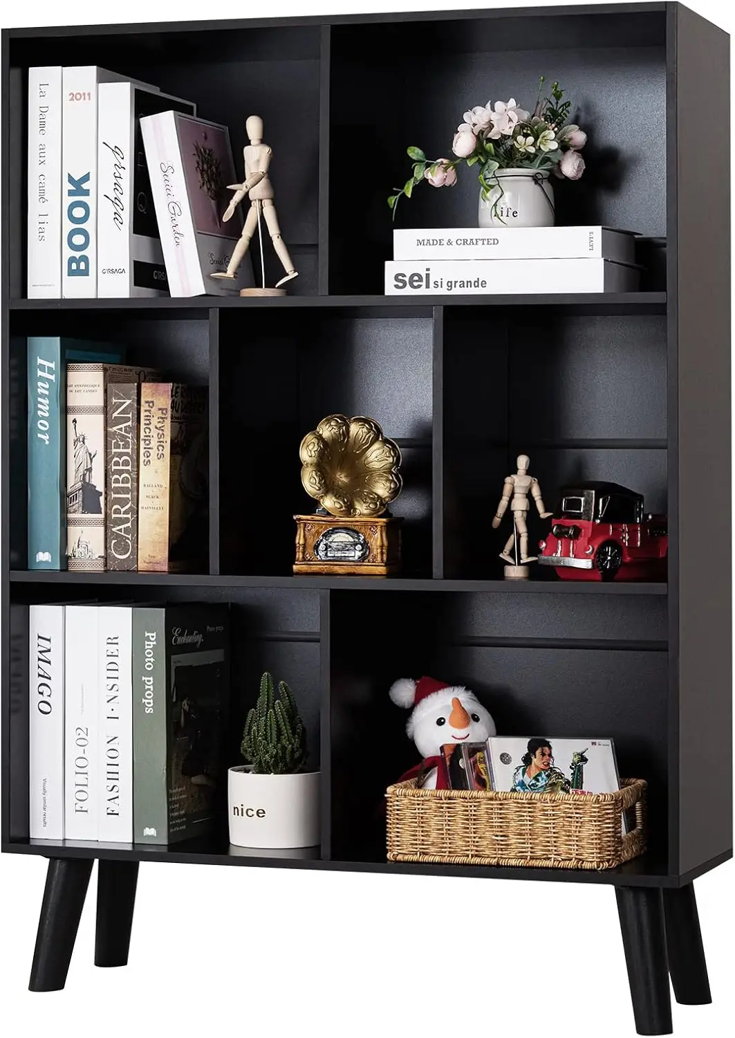 

Black 3 Tier Modern Bookcase with Legs Freestanding Wood Storage Shelf Open Book Shelves Cube Organizer