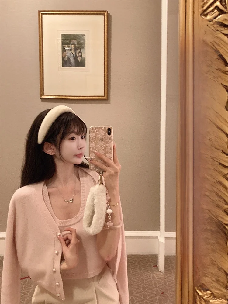 

Ограниченное время! Комплект из двух предметов Pearl: Весенний свитер Golden Musoom с V-образным вырезом и длинными рукавами, шерстяной вязаный, женский, модный