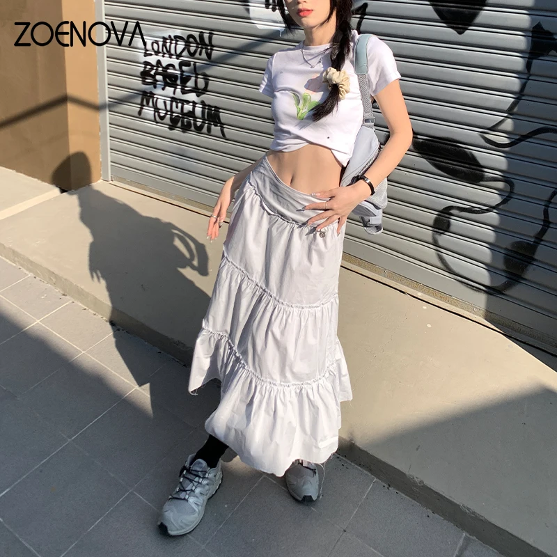 ZOENOVA Harajuku Street Fashion Elegant Versatile Women's Half Skirt Summer Thin High Waist Pleated Casual Party Cake Long Skirt