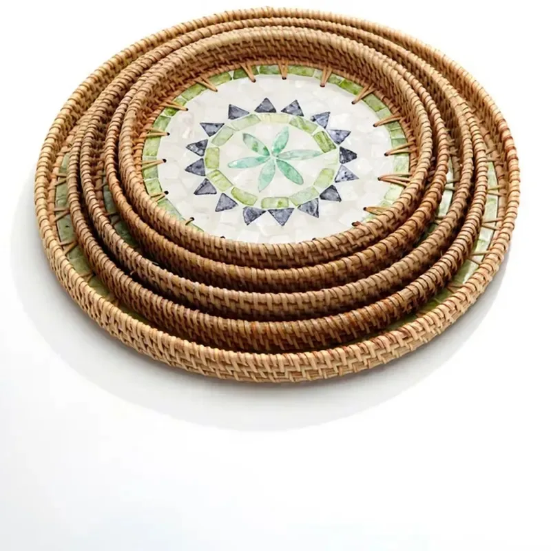 Bamboo woven round color tray shallow snacks fruit bread storage shell pot mat