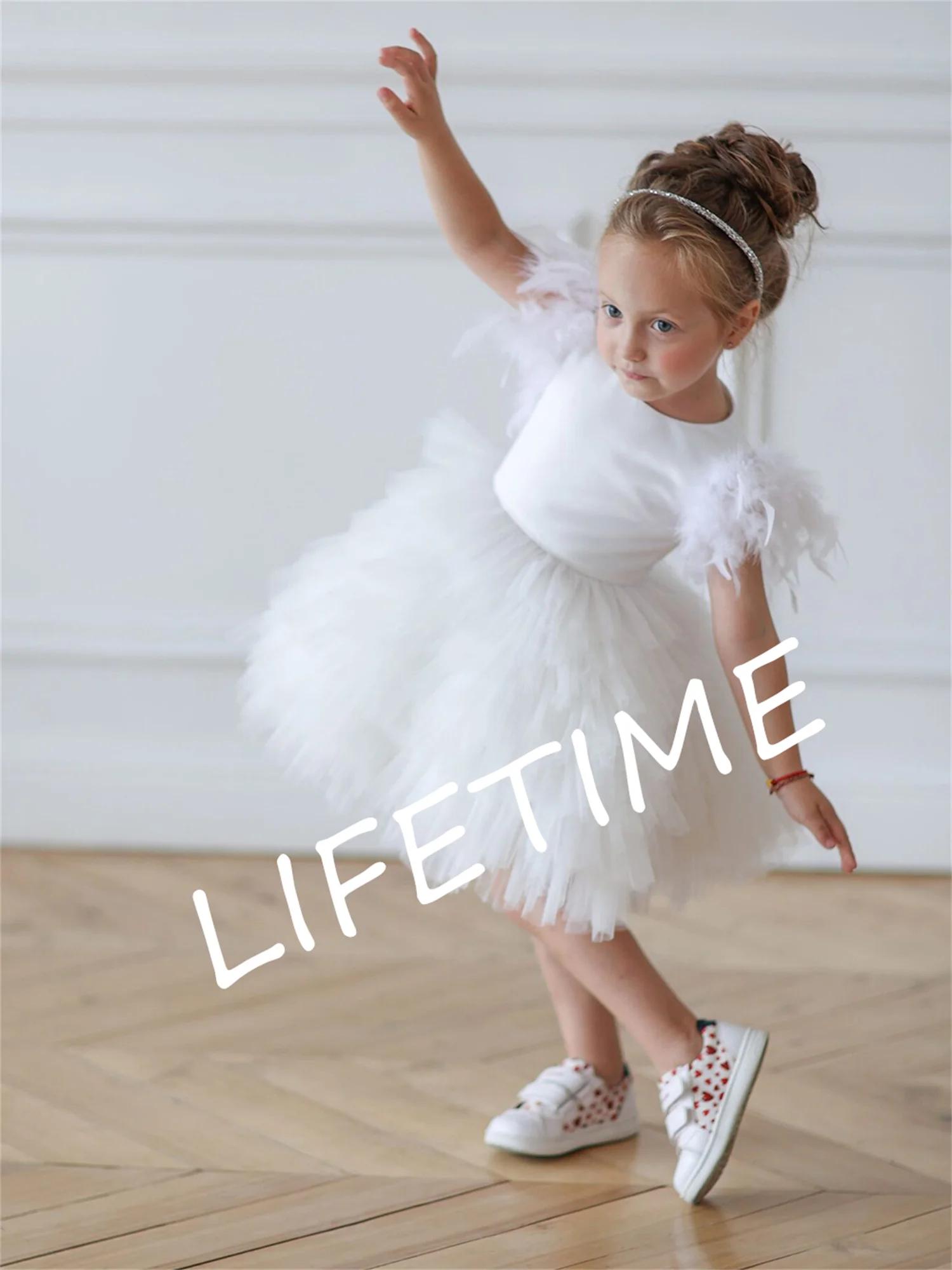 

White Flower Girl Dress Layers Girl Dress Feather Wedding Party Dress Kid's Birthday Dress First Communion Dress