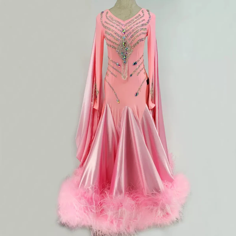 

Одежда для бальных танцев, женские роскошные розовые стандартные сценические костюмы, индивидуальные платья для вальса, танго, бальных соревнований