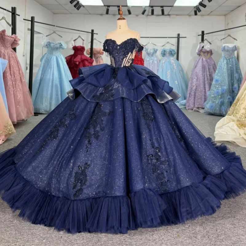 

Темно-синие блестящие платья Quinceanera с открытыми плечами и аппликацией из бисера, многоуровневое тюлевое платье для вечеринки, дня рождения, сладкое платье 16, Vestidos