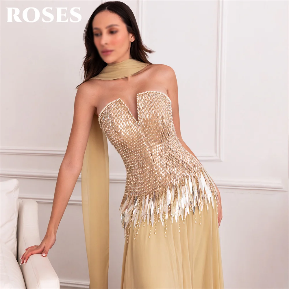 ROSES Ginger Chiffon Party Dresses Strapless Draped Neck Scarf Evening Dresses Beading On Chest فساتين السهرة A Line Customized