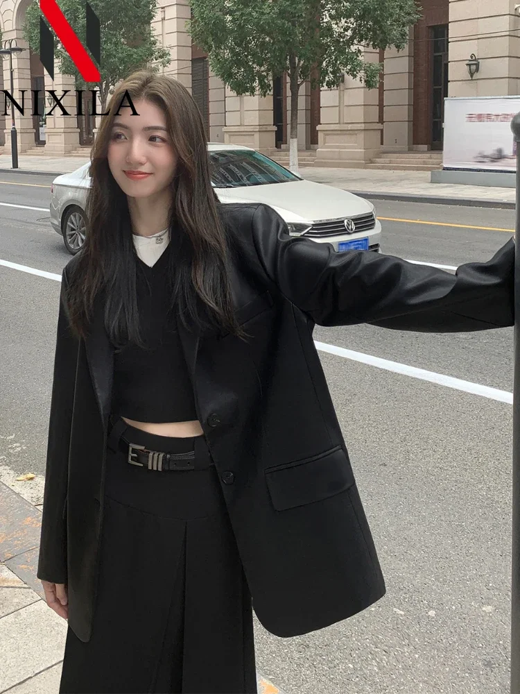 New in Spring Autumn Fashion Elegant Pu Coat Lapel Office Luxury Jacket Long Sleeve Tops Formal Blazers Slim Fit Flap Pockets