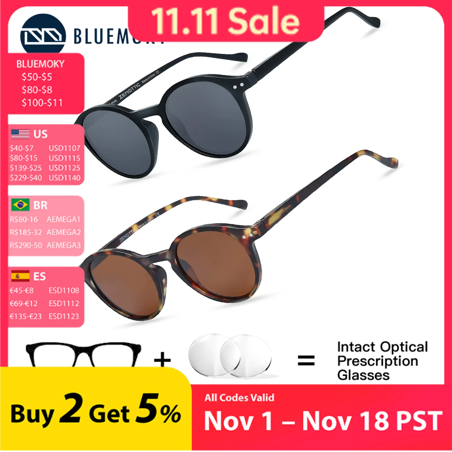 BLUEMOKY Unisex Round Prescription Polarized Men's Sunscreen Sunglasses UV400 Protection Multifocal Grade Glasses near and Far