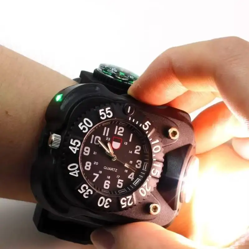 USB Charging Outdoor LED Wrist Light Strong Light Flashlight Wristwatch for Night Running Self-Defense Digital（No watch strap）