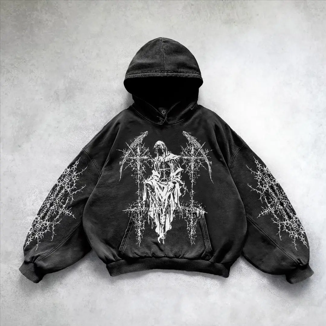 

Vintage Distressed and Washed Black Classic Hoodies Casual Oversizeds Printed Pattern Sweatshirts Men Gothic Anime Hoodies