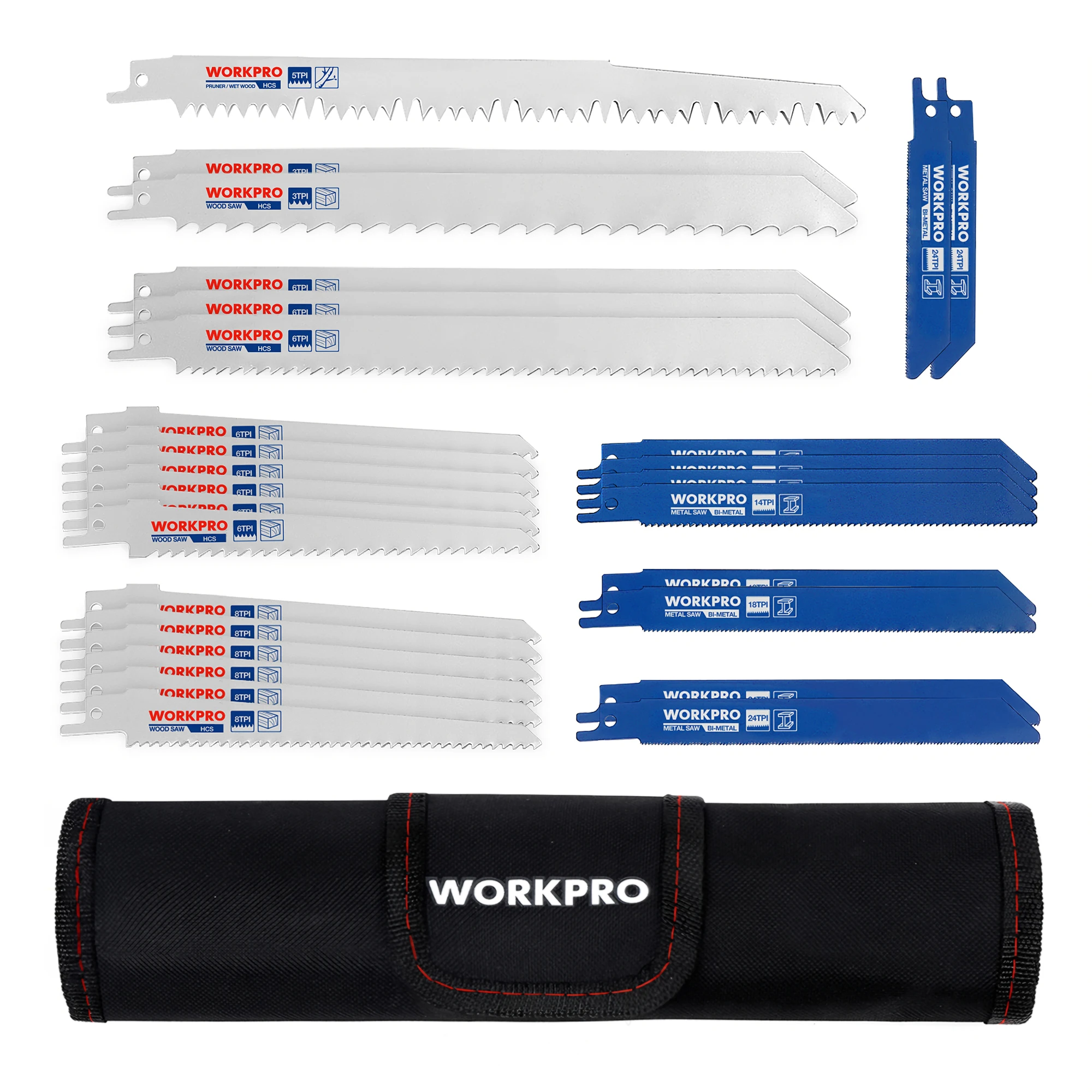 WORKPRO 32-Piece Reciprocating Saw Blade Set with Organizer Pouch Fits Most Reciprocating Saws, Ideal for Wood & Metal Cutting and Tree Pruning