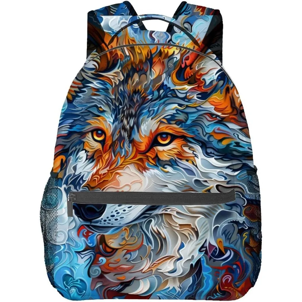 Wolf Backpack Polyester Laptop Bag Colorful Abstract Fire and Ice Wildlife Backpacks Rucksack Gifts for Travel Hiking Camping