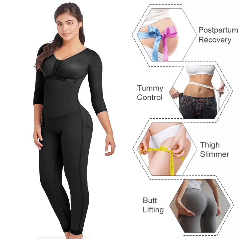 Fajas Colombianas Women Side Zipper Long Sleeves Full Body Shapewear Weight Loss Postpartum Shaper Post Liposuction Bodysuit