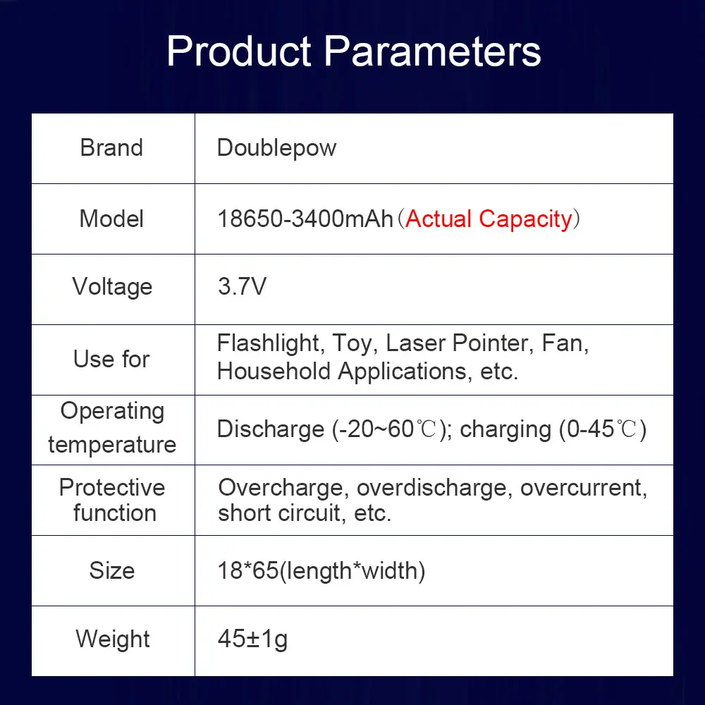 Doublepow sufficient Capacity 18650 battery 3.7v 3400mah  rechargeable lithium battery for flashlight batteries