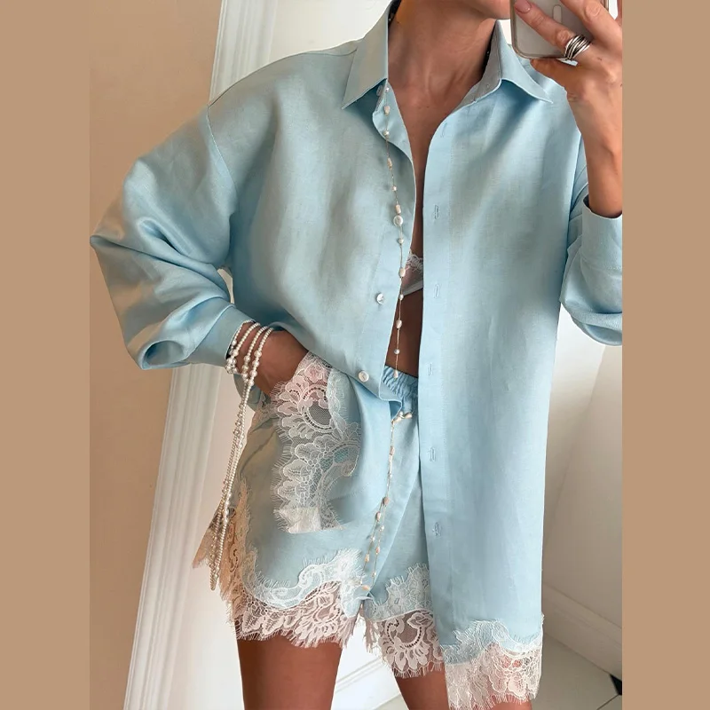Beach Shirts Shorts Outfits Women Lapel Single Breasted Long Sleeves Lace Patchwork Sets Female 2026 Spring Summer Holiday Sets
