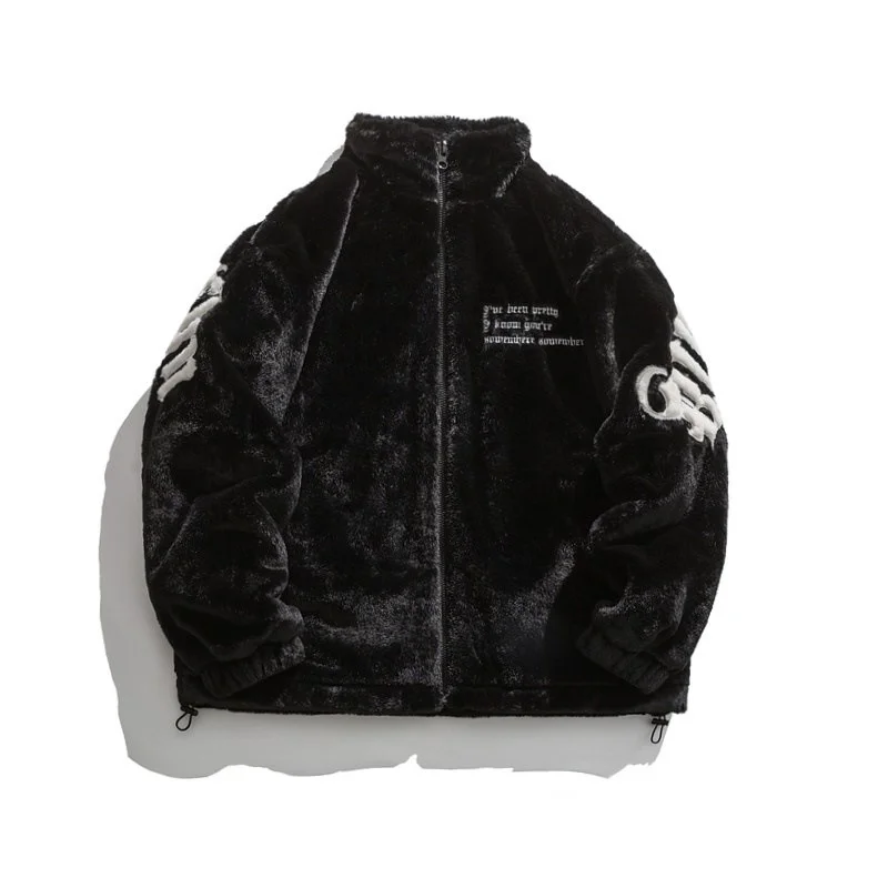 Fluffy Embroidered Fleece Zip Up Jacket Men Winter Warm Coat Hip Hop Loose Stand Collar Drawstring Outerwear