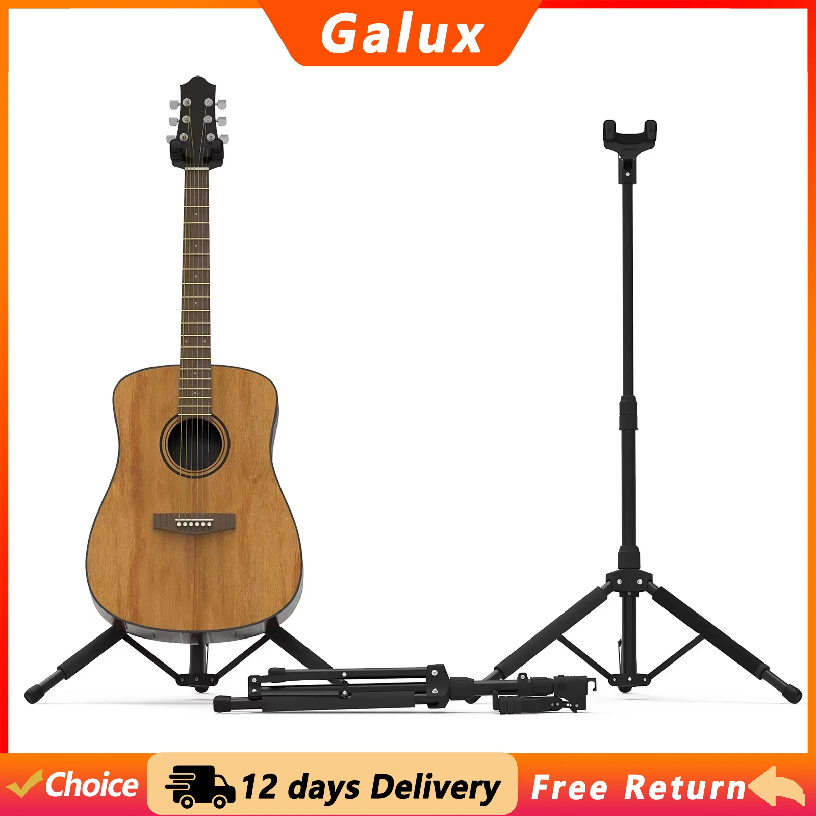 Support de guitare Galux GS-210, réglage libre de la hauteur, support vertical de sol pour un seul instrument, structure autobloquante, pliage pratique.