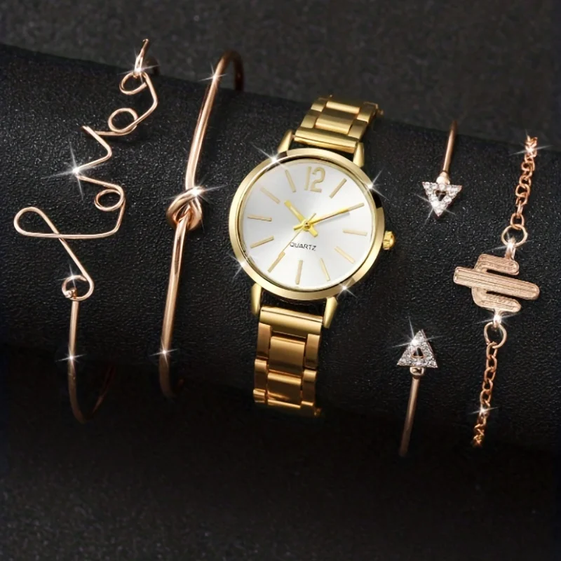 Minimalist Round Pointer Quartz Watch Hiphop Fashion Analog Wrist Watch & 4pcs LOVE Cactus Bracelet, Gift For Women Her