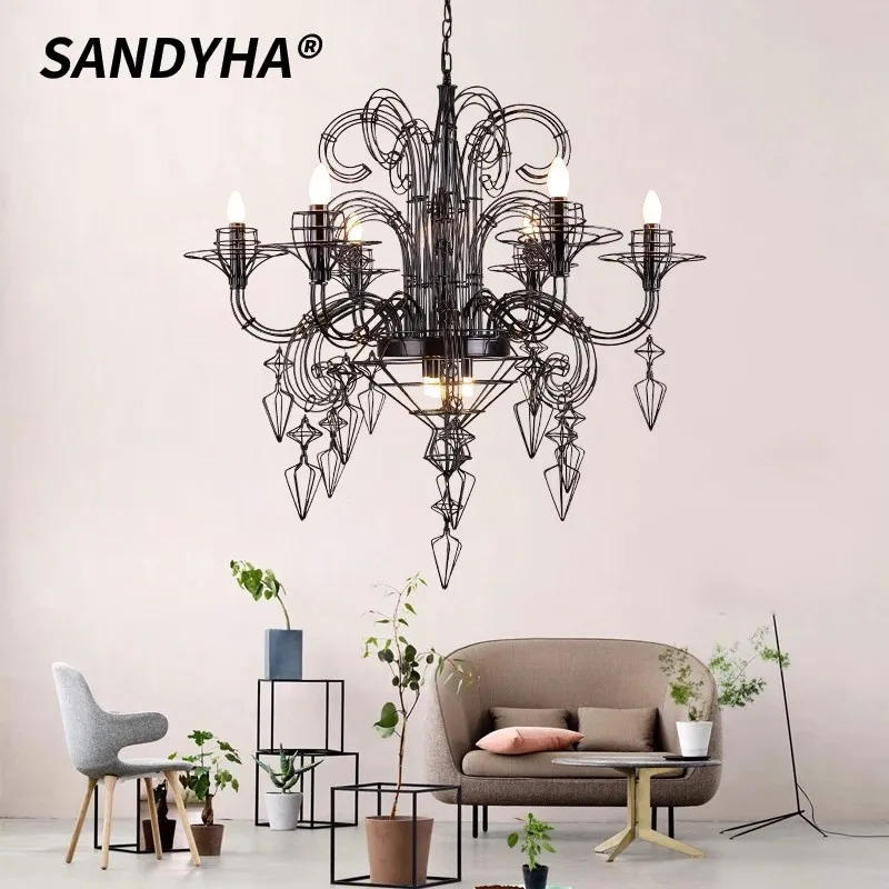 

SANDYHA French Retro Pendant Light Black Iron Design Candle Light Bulbs Restaurant Chandelier for Living Room Bedroom Decoration