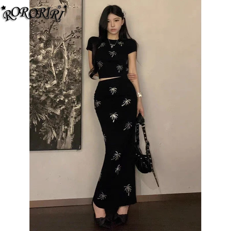 

RORORIRI Glitter Sequin O-neck Crop Top Skirt Set Women Short Sleeves T-shirt Slim Fit Bodycon Long Skirt Grayu Korean Clothes