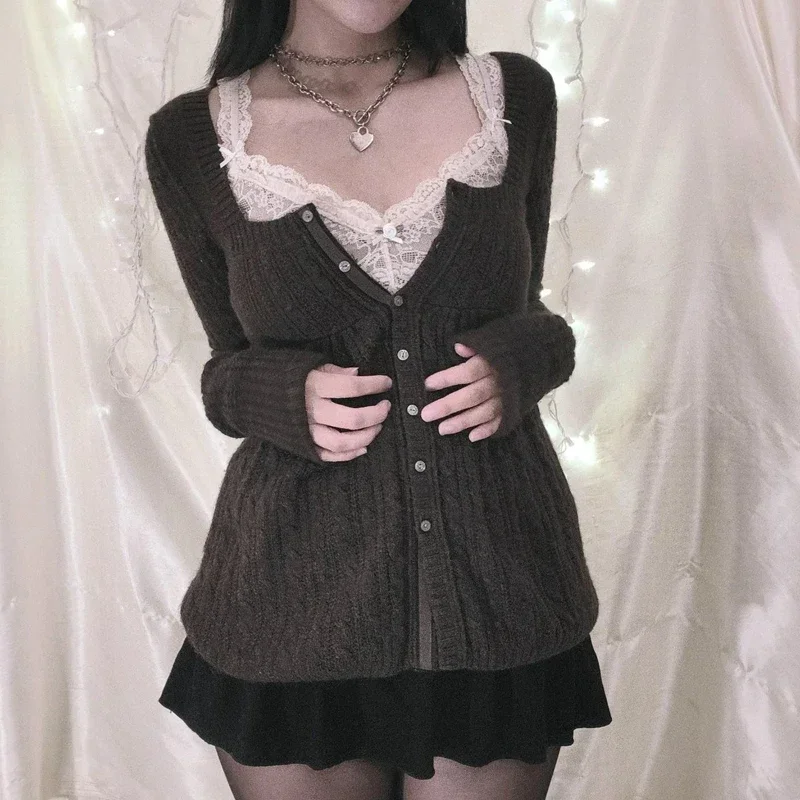 Women Y2K Cable Knit Sweater Long Sleeve Jumper Tops Spring Autumn Retro Mall Goth Emo 00s Vintage Tees Cardigan Knitwear