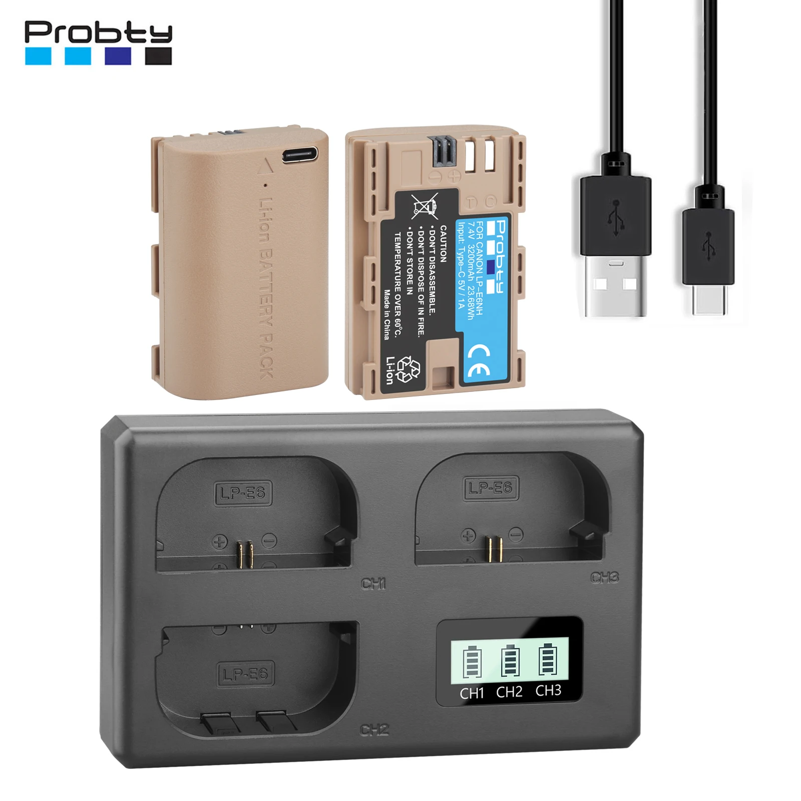 Probty LP-E6NH LP-E6N LP-E6 Battery+Three Channel Charger For Canon EOS R R5 R6 60D 70D 80D 90D 5D IV 5DS R 7D Mark Camera
