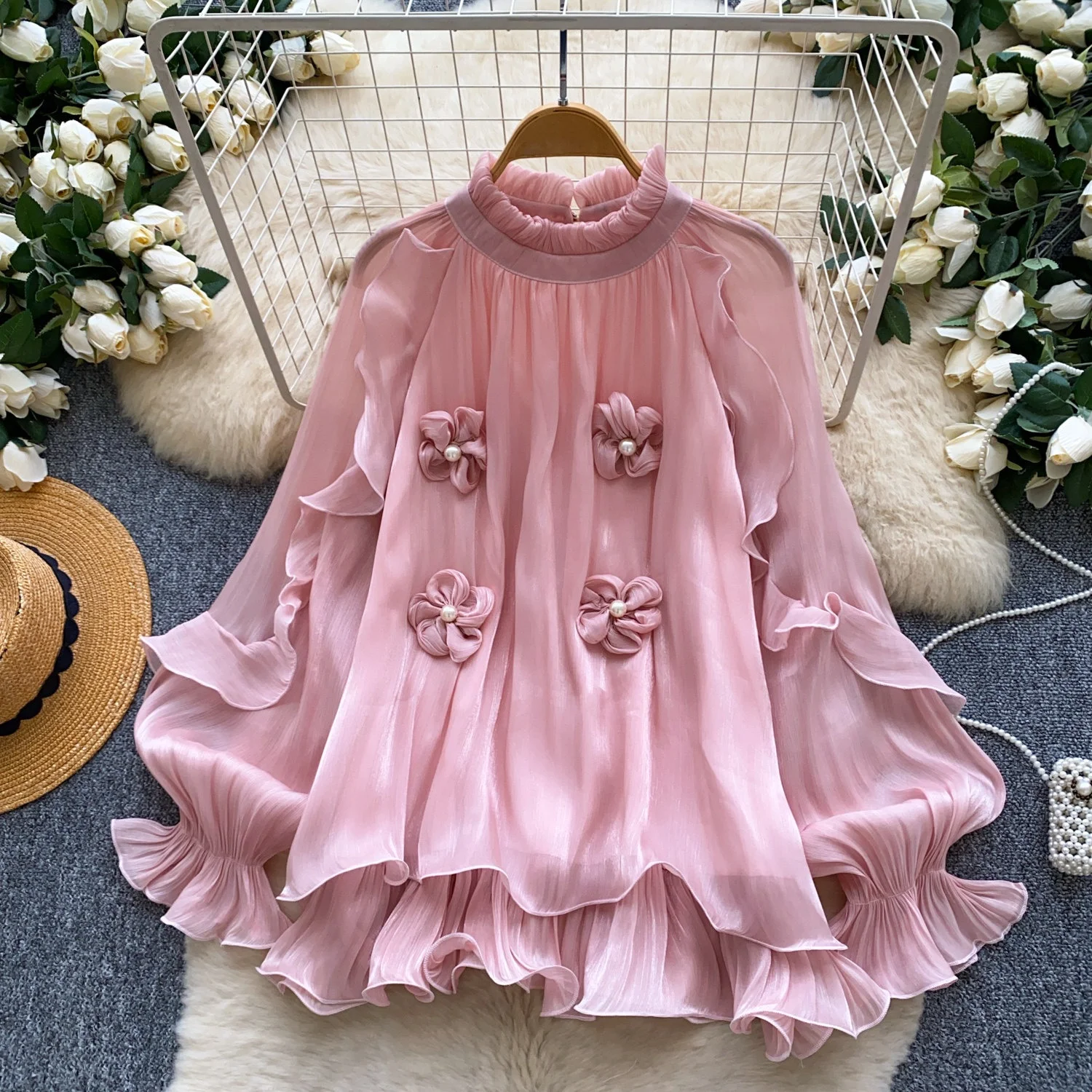 Clothland Women Elegant Flower Blouse Flare Sleeve Candy Color Shirt Female Cute Chic Tops Blusa LB460