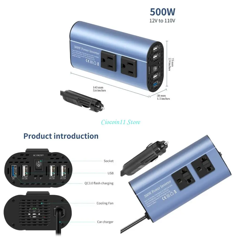 

Y1UB CAR Power Inverter DC12V в AC110V Двойные розетки и 4 USB -порты для быстрой зарядки
