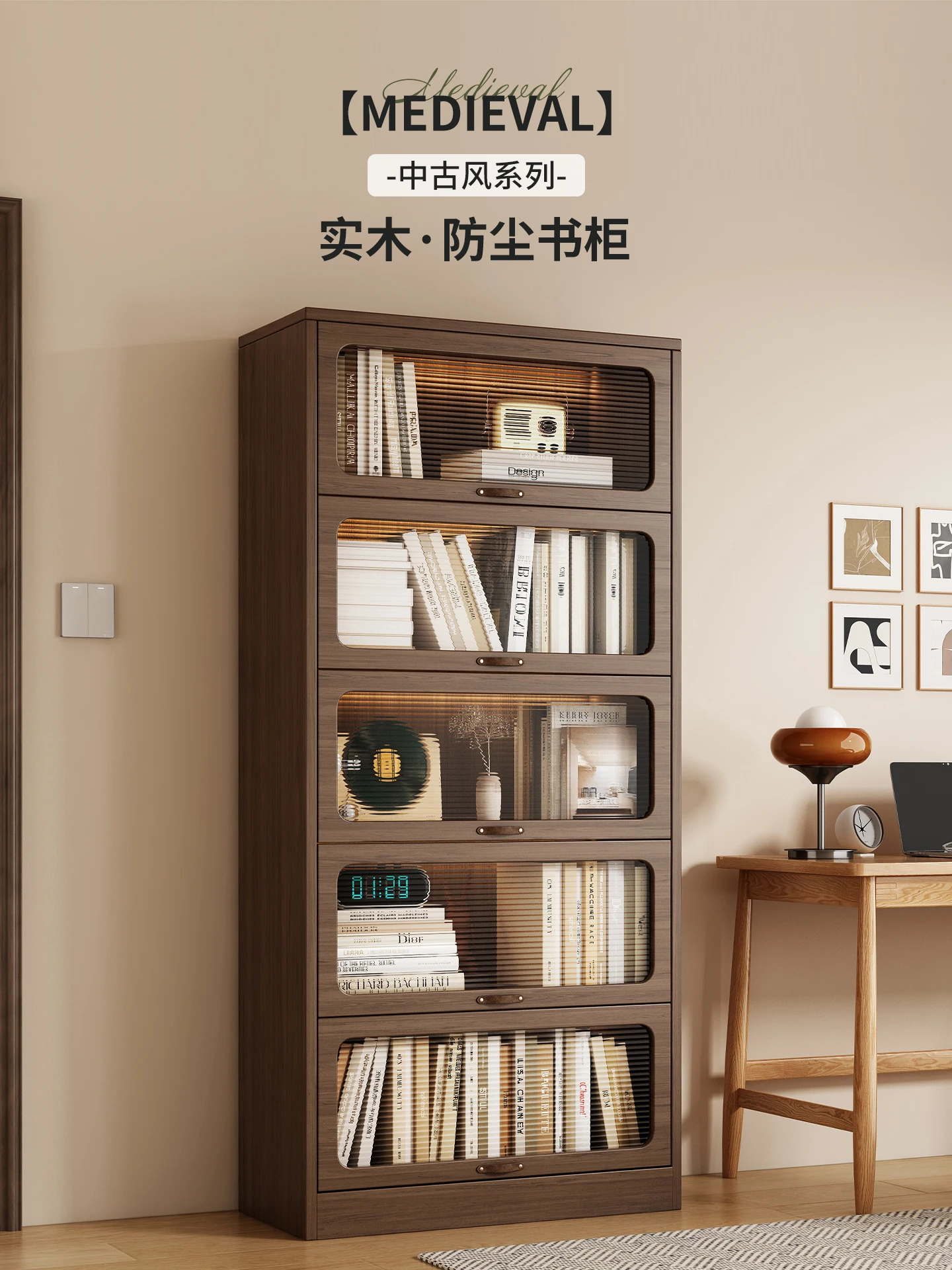 

Medieval dust-proof bookcase with glass door display cabinet solid wood floor-to-ceiling home living room retro locker storage