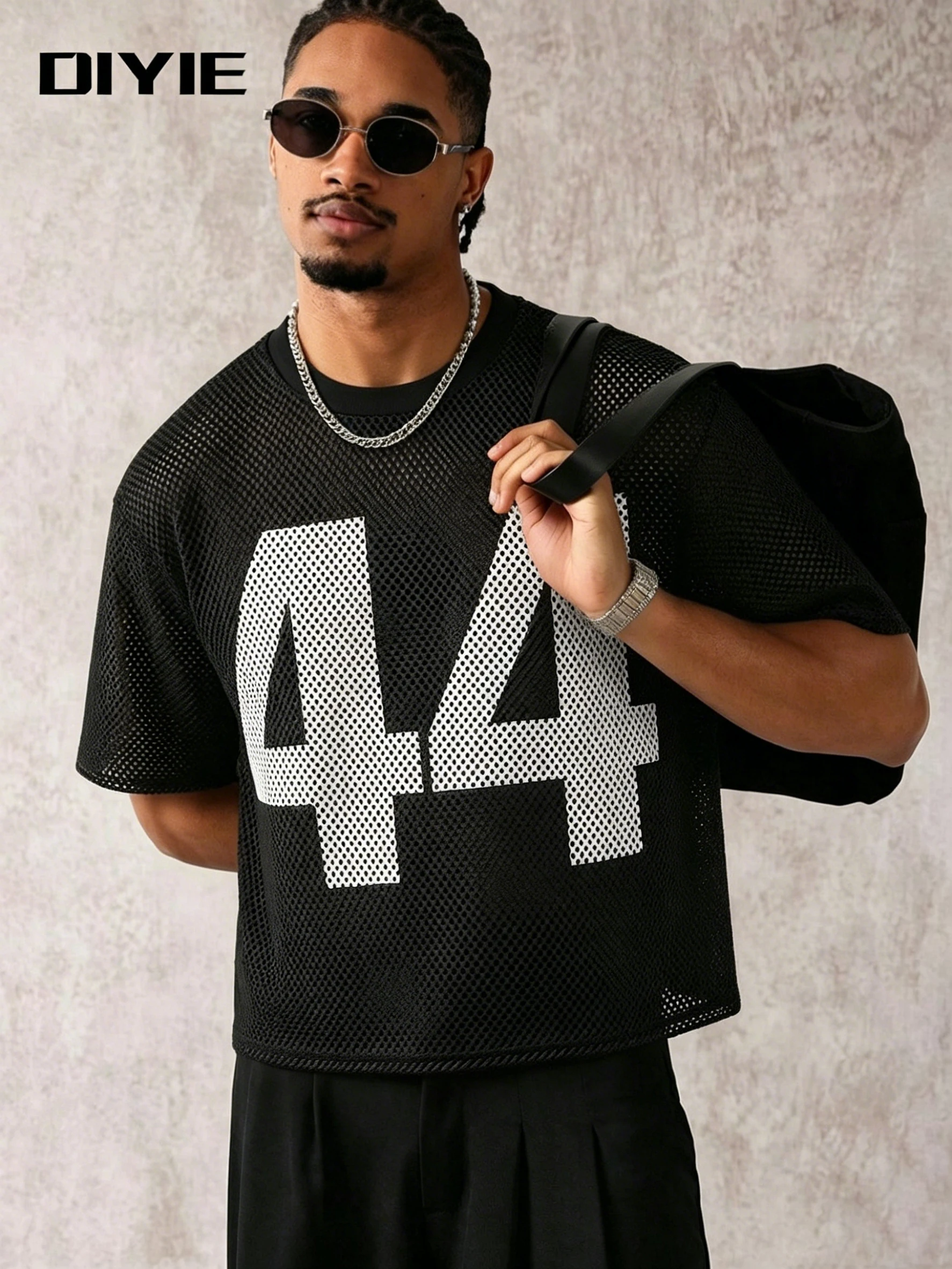 DIYIE Herren Mesh Openwork Bedrucktes Kurzarm-T-Shirt Jugendliches Streetwear Kurzarm-T-Shirt Sportlicher Stil Kurzarm-T-Shirt – Detail 2