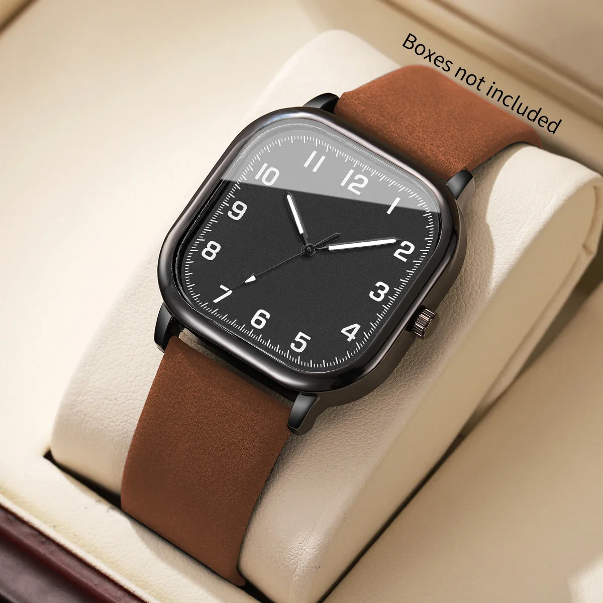 Fashion Square Men Quartz Watches Casual Brown Leather Strap Black Dial Wristwatch Clock Gift Relogio Masculino（Without Box）