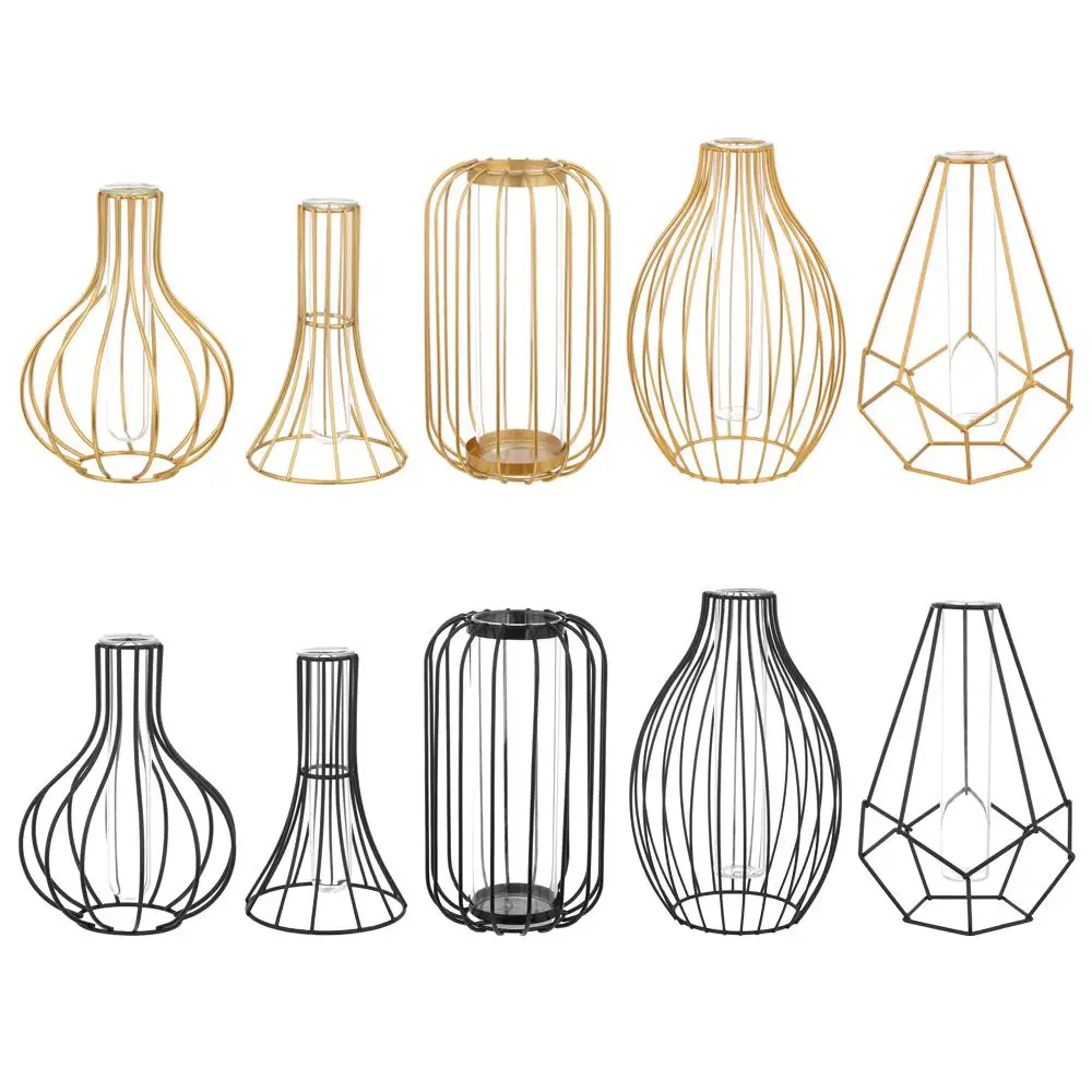 Geometrischer Linienrahmen Nordischer Stil Hydroponische Blumenvase Eisenkunst-Vase Glas-Reagenzglas Metallhalter Heimdekoration