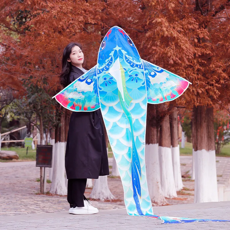 Koi Fish Kite Grassland Kite Breeze to Fly Children Adult Large Fish String Long Tail Kites Gingham Outdoor Fun Sports Toys 1.2M