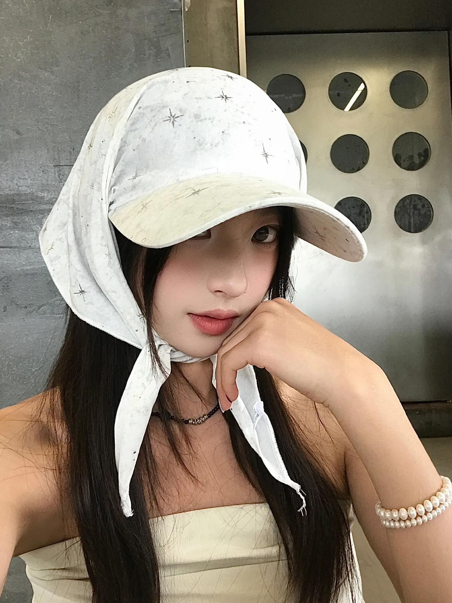 Korean Style White Star Print Headscarf Hat Women's Spring Summer Outdoor Sun Protection Hat Casual round Top Baseball Cap