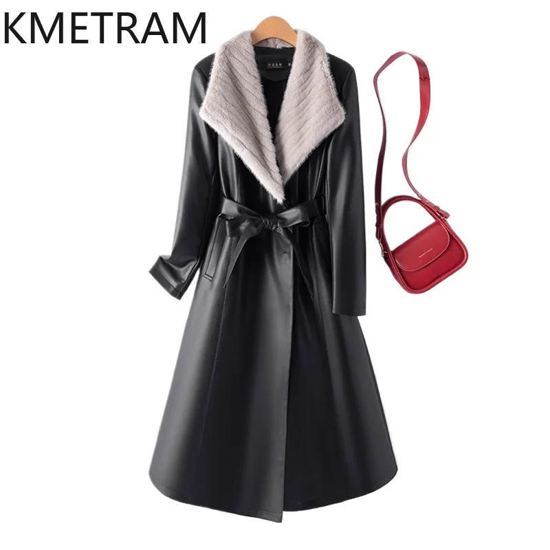 KMETRAM Genuine Sheepskin Leather Jacket Women 90% Goose Down Winter Women\'s Clothing Mink Fur Collar Mid Length Womens Coat