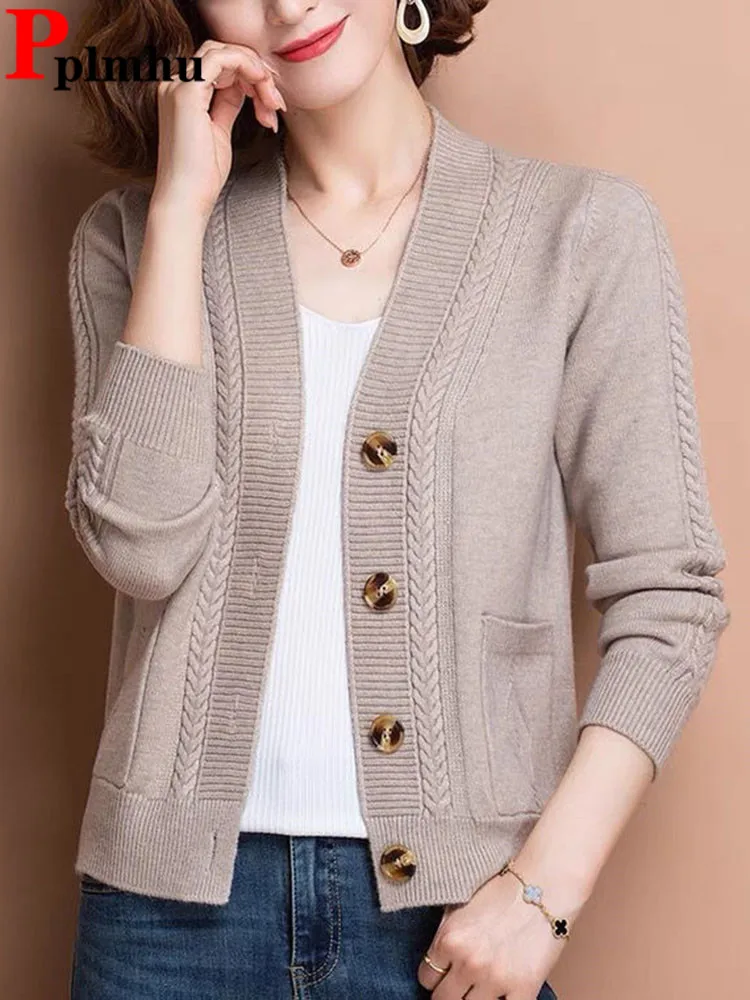 Cropped V-neck Knit Sweater Cardigan Korean Casual Single Breasted Knitwears Tops Abrigos Spring Fall Women Classic Slim Coats