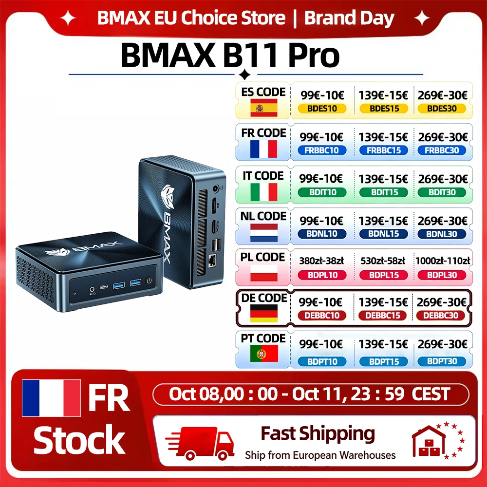 BMAX B11 Pro Mini AI PC, Intel Core Ultra 5 115U, 8 cores, 10 threads, 16 GB RAM, 512 GB SSD, WiFi, Bluetooth, USB, HDMI, Type-C, Windows 11.