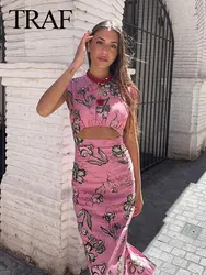 TRAF Woman New Fashion Summer Chic Dresses Print O-Neck Sleeveless Hollow Out Decorate Slit Zipper Female Bohemian Style Dress